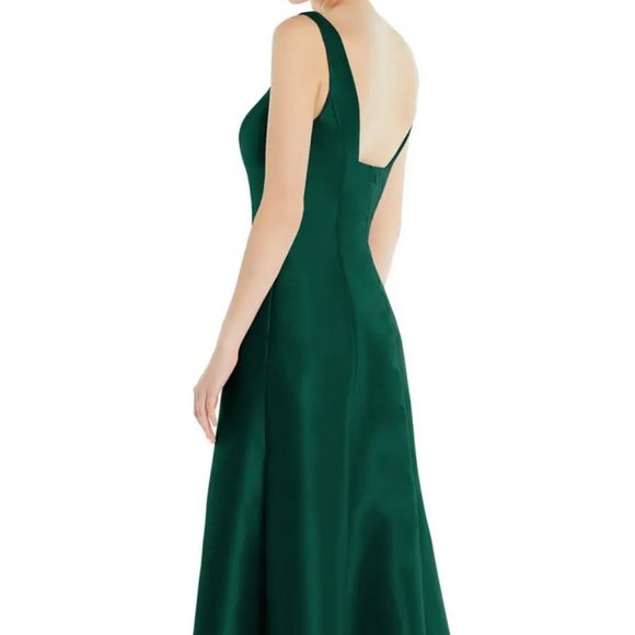 Alfred Sung Hunter Green Square Neck Satin A-Line Gown D826 - Picture 5 of 6